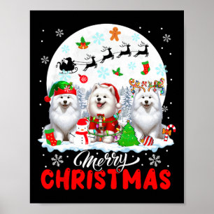 Merry Christmas Three Santa Elf Reindeer Samoyeds Poster