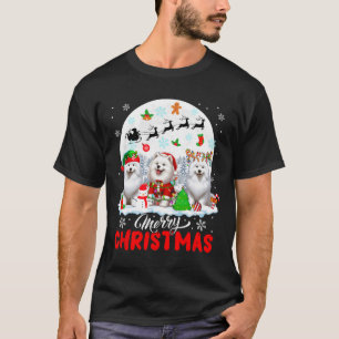 Merry Christmas Three Santa Elf Reindeer Samoyeds T-Shirt