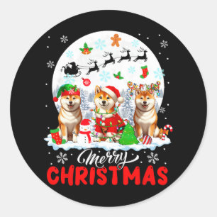 Merry Christmas Three Santa Elf Reindeer Shiba Inu Classic Round Sticker