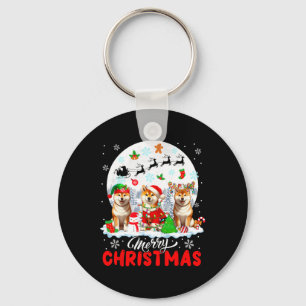 Merry Christmas Three Santa Elf Reindeer Shiba Inu Key Ring