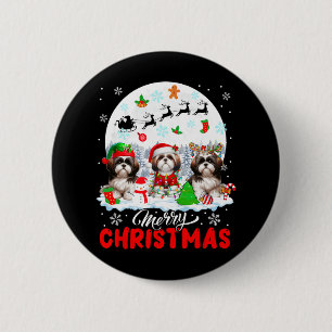 Merry Christmas Three Santa Elf Reindeer Shih Tzus 6 Cm Round Badge