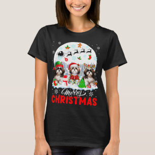 Merry Christmas Three Santa Elf Reindeer Shih Tzus T-Shirt