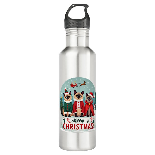 Merry Christmas Three Santa Elf Reindeer Siamese C 710 Ml Water Bottle (Front)