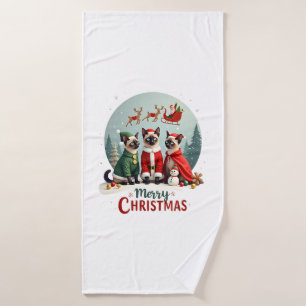 Merry Christmas Three Santa Elf Reindeer Siamese C Bath Towel