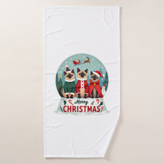 Merry Christmas Three Santa Elf Reindeer Siamese C Bath Towel
