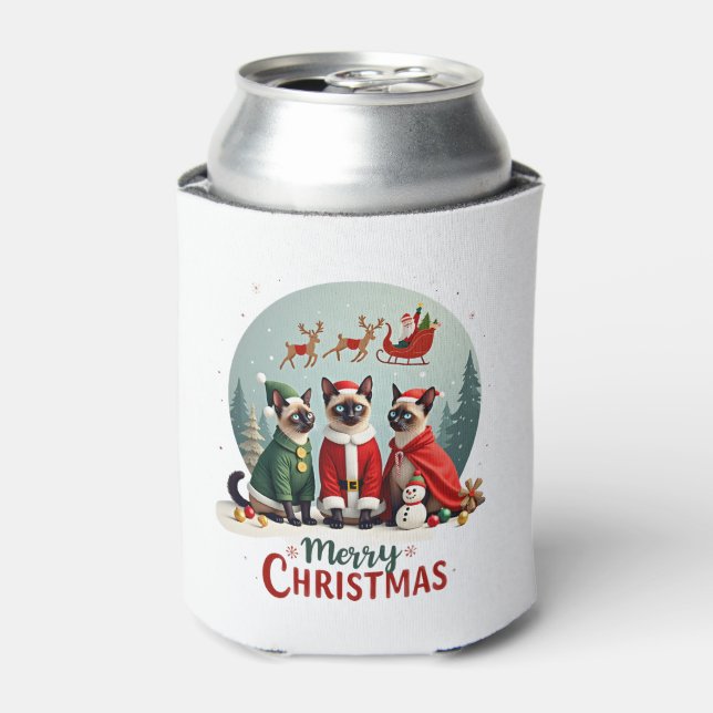 Merry Christmas Three Santa Elf Reindeer Siamese C Can Cooler (Can Front)