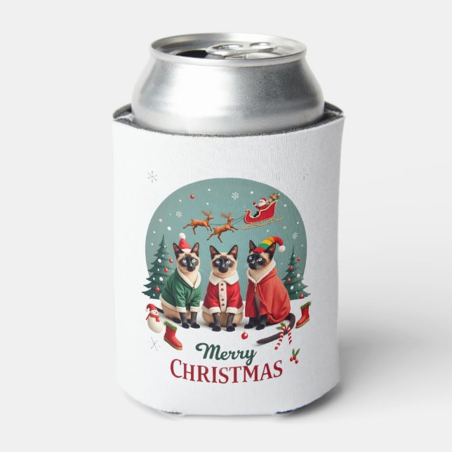 Merry Christmas Three Santa Elf Reindeer Siamese C Can Cooler (Can Front)