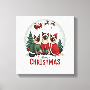Merry Christmas Three Santa Elf Reindeer Siamese C Canvas Print