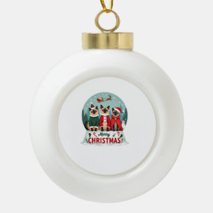 Merry Christmas Three Santa Elf Reindeer Siamese C Ceramic Ball Christmas Ornament