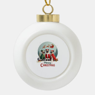 Merry Christmas Three Santa Elf Reindeer Siamese C Ceramic Ball Christmas Ornament