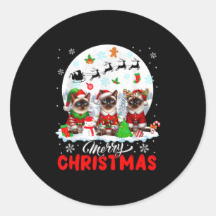 Merry Christmas Three Santa Elf Reindeer Siamese C Classic Round Sticker