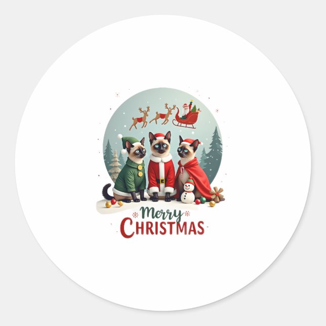 Merry Christmas Three Santa Elf Reindeer Siamese C Classic Round Sticker (Front)