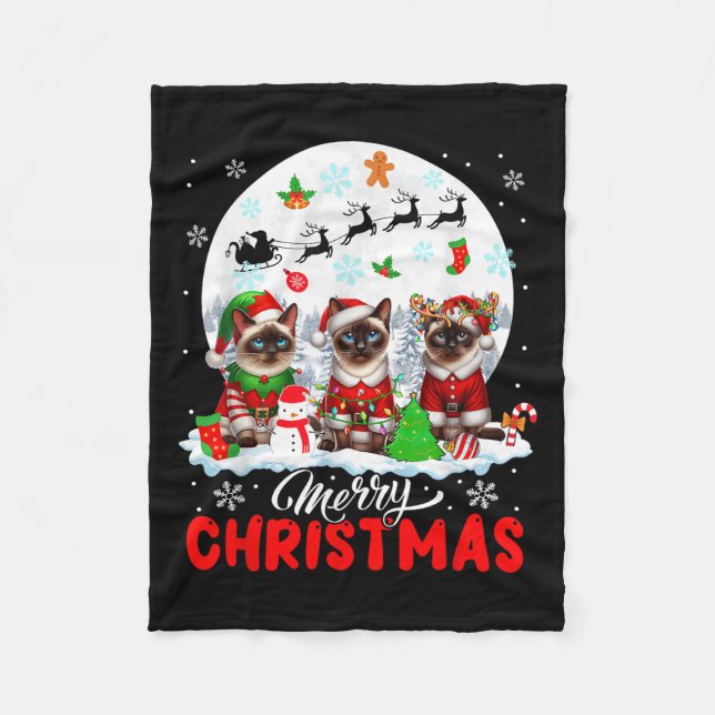 Merry Christmas Three Santa Elf Reindeer Siamese C Fleece Blanket (Front)