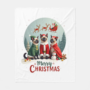 Merry Christmas Three Santa Elf Reindeer Siamese C Fleece Blanket
