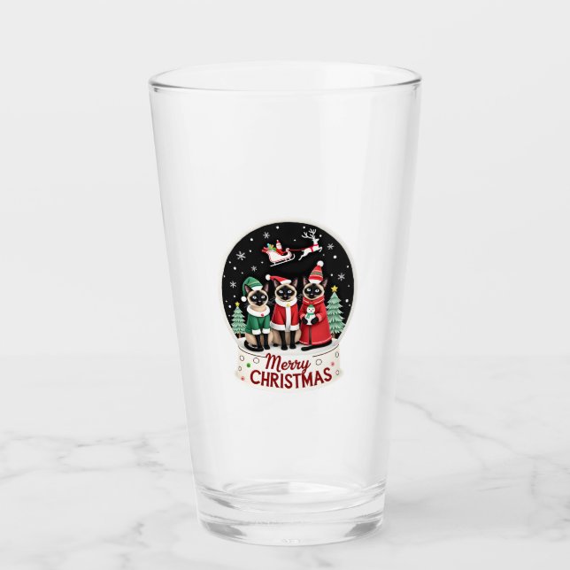 Merry Christmas Three Santa Elf Reindeer Siamese C Glass (Front)