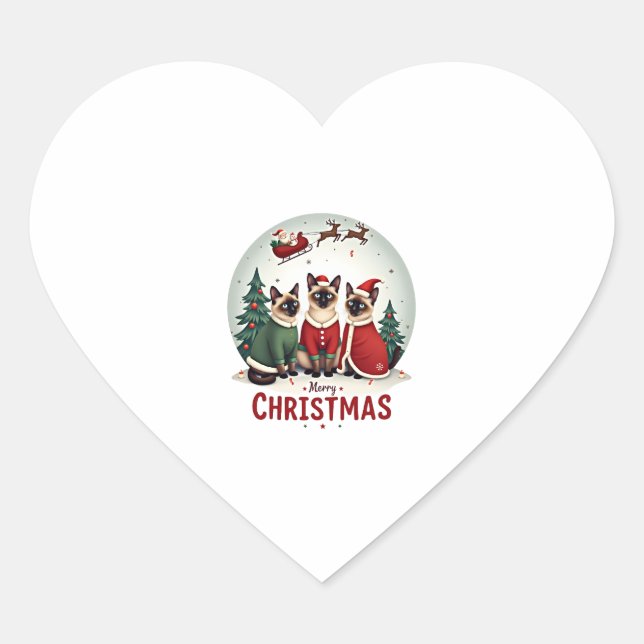 Merry Christmas Three Santa Elf Reindeer Siamese C Heart Sticker (Front)