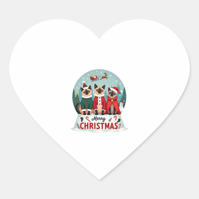 Merry Christmas Three Santa Elf Reindeer Siamese C Heart Sticker (Front)