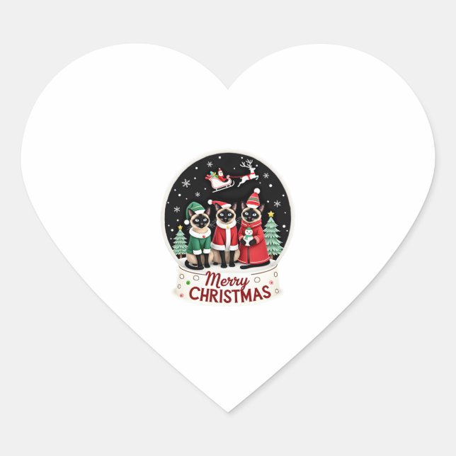 Merry Christmas Three Santa Elf Reindeer Siamese C Heart Sticker (Front)