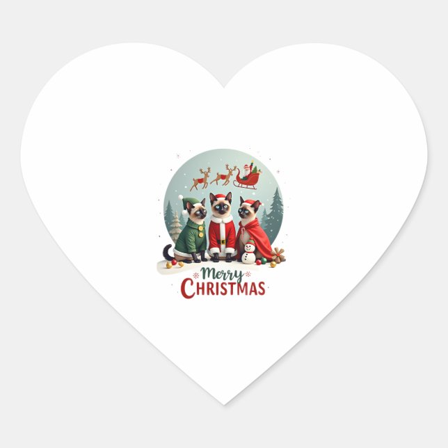 Merry Christmas Three Santa Elf Reindeer Siamese C Heart Sticker (Front)