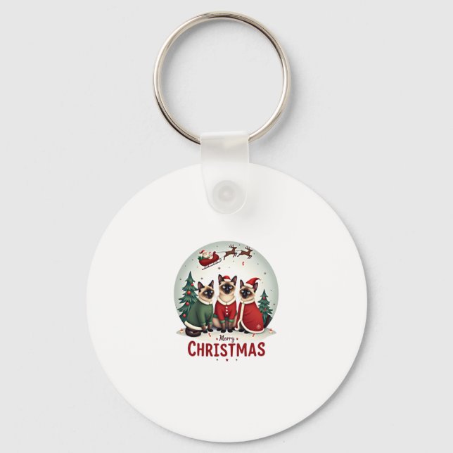 Merry Christmas Three Santa Elf Reindeer Siamese C Key Ring (Front)