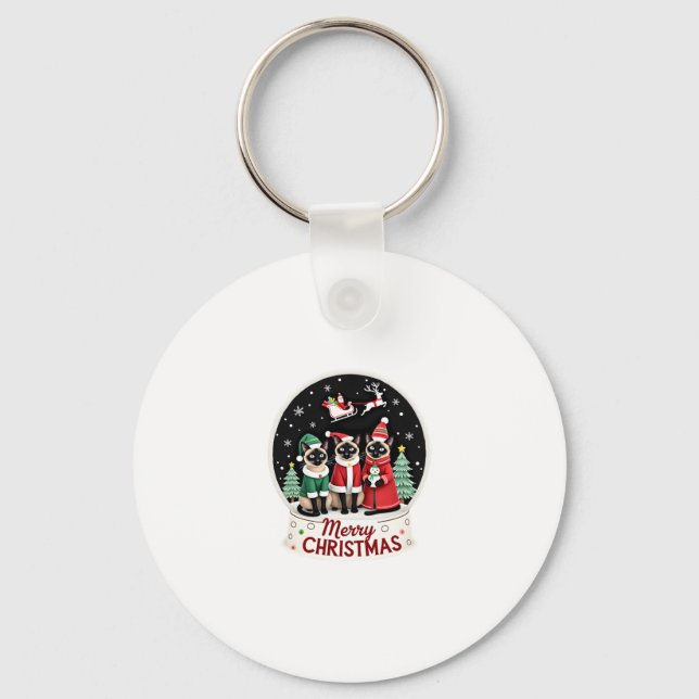 Merry Christmas Three Santa Elf Reindeer Siamese C Key Ring (Front)
