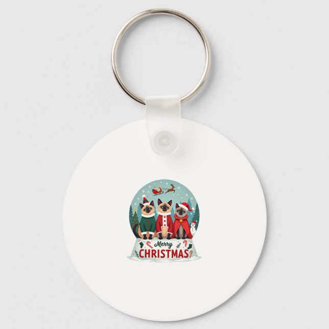 Merry Christmas Three Santa Elf Reindeer Siamese C Key Ring (Front)