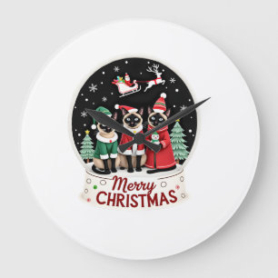 Merry Christmas Three Santa Elf Reindeer Siamese C Large Clock