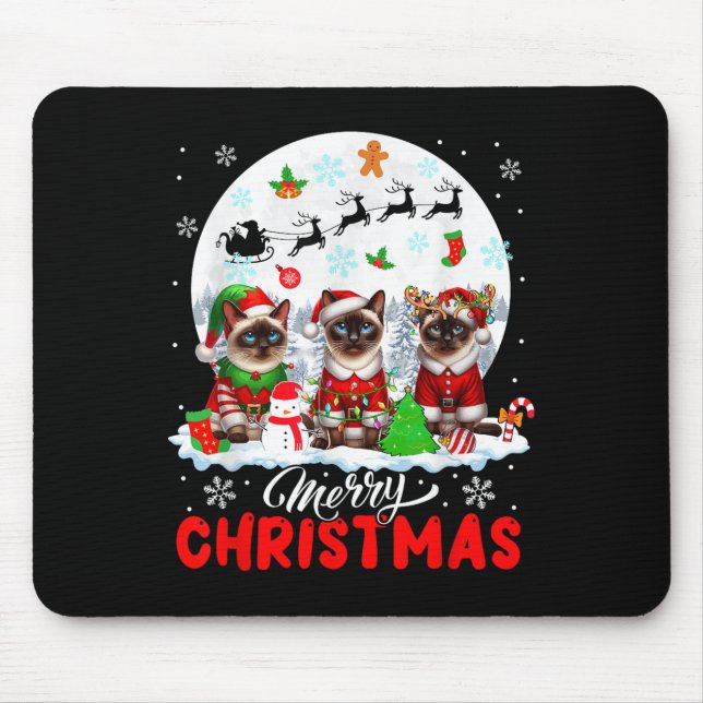 Merry Christmas Three Santa Elf Reindeer Siamese C Mouse Mat (Front)
