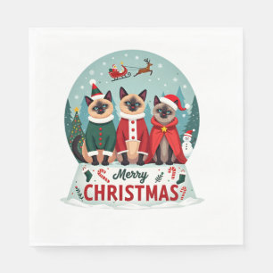Merry Christmas Three Santa Elf Reindeer Siamese C Napkin