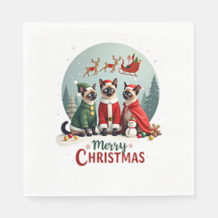 Merry Christmas Three Santa Elf Reindeer Siamese C Napkin