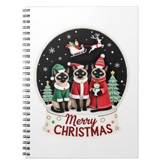 Merry Christmas Three Santa Elf Reindeer Siamese C Notebook