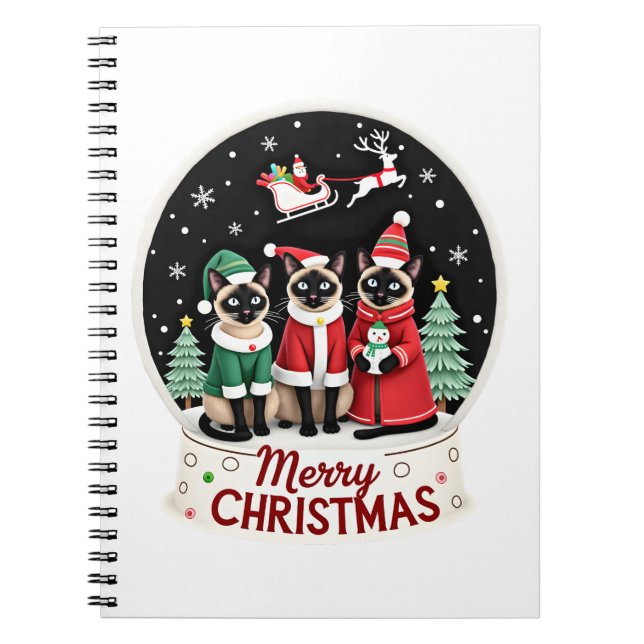 Merry Christmas Three Santa Elf Reindeer Siamese C Notebook (Front)