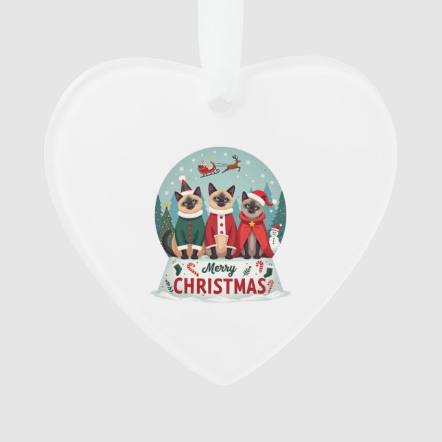 Merry Christmas Three Santa Elf Reindeer Siamese C Ornament (Front)