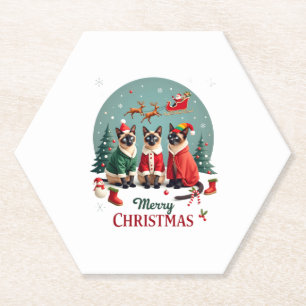 Merry Christmas Three Santa Elf Reindeer Siamese C Paper Coaster