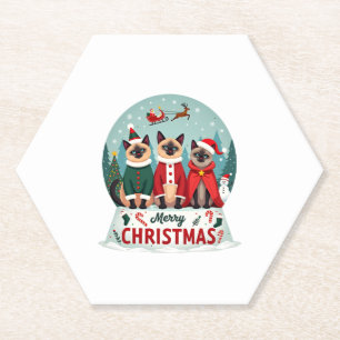 Merry Christmas Three Santa Elf Reindeer Siamese C Paper Coaster