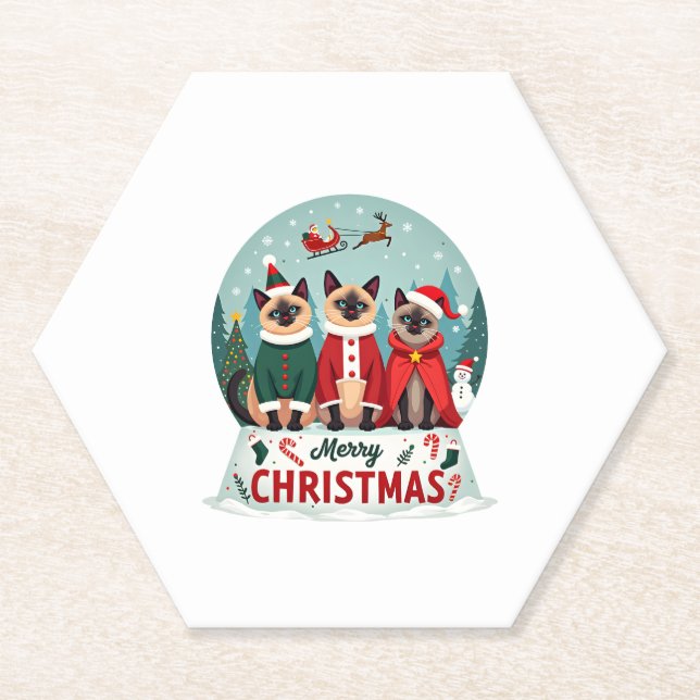 Merry Christmas Three Santa Elf Reindeer Siamese C Paper Coaster (Front)