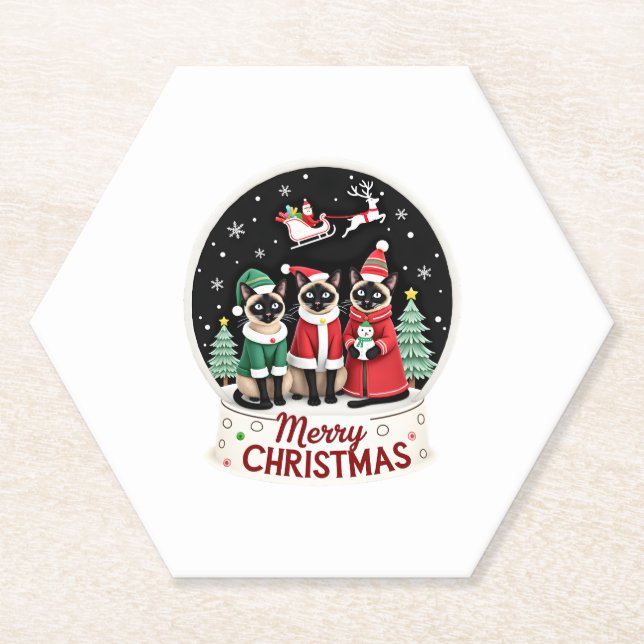 Merry Christmas Three Santa Elf Reindeer Siamese C Paper Coaster (Front)