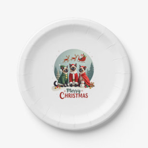 Merry Christmas Three Santa Elf Reindeer Siamese C Paper Plate