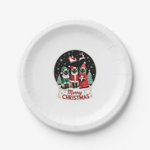 Merry Christmas Three Santa Elf Reindeer Siamese C Paper Plate