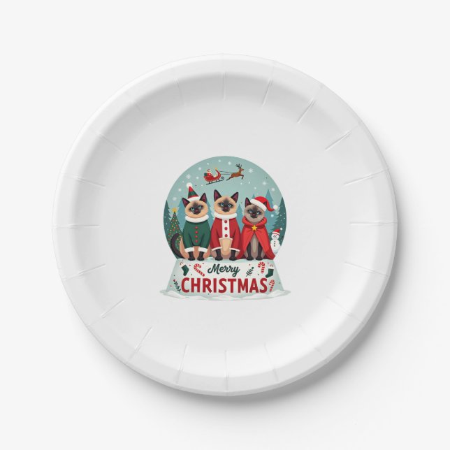 Merry Christmas Three Santa Elf Reindeer Siamese C Paper Plate (Front)