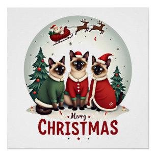Merry Christmas Three Santa Elf Reindeer Siamese C Poster