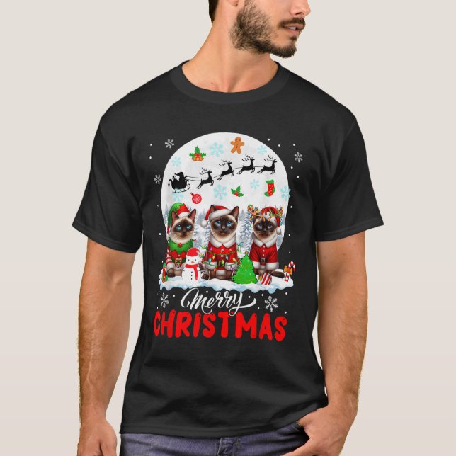 Merry Christmas Three Santa Elf Reindeer Siamese C T-Shirt (Front)