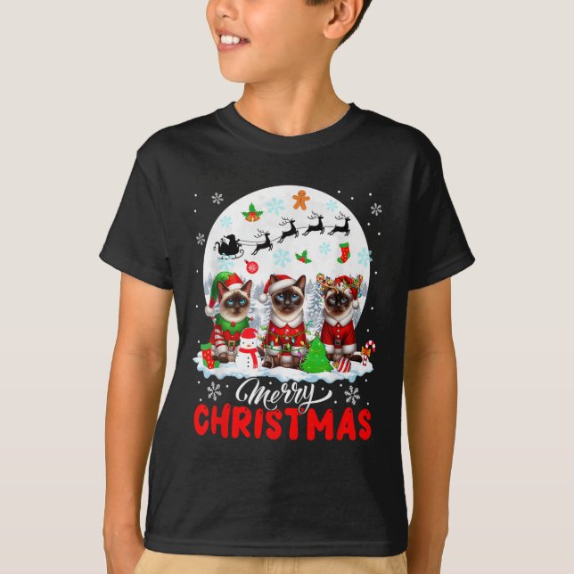 Merry Christmas Three Santa Elf Reindeer Siamese C T-Shirt (Front)