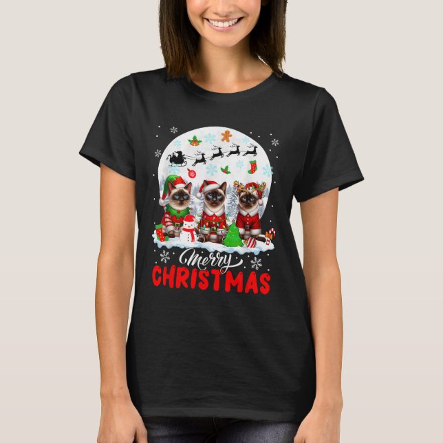 Merry Christmas Three Santa Elf Reindeer Siamese C T-Shirt (Front)