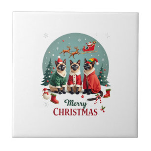 Merry Christmas Three Santa Elf Reindeer Siamese C Tile