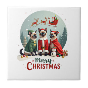 Merry Christmas Three Santa Elf Reindeer Siamese C Tile