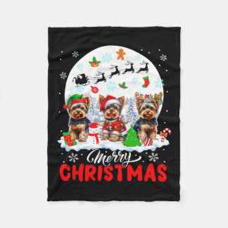 Merry Christmas Three Santa Elf Reindeer Yorkshire Fleece Blanket