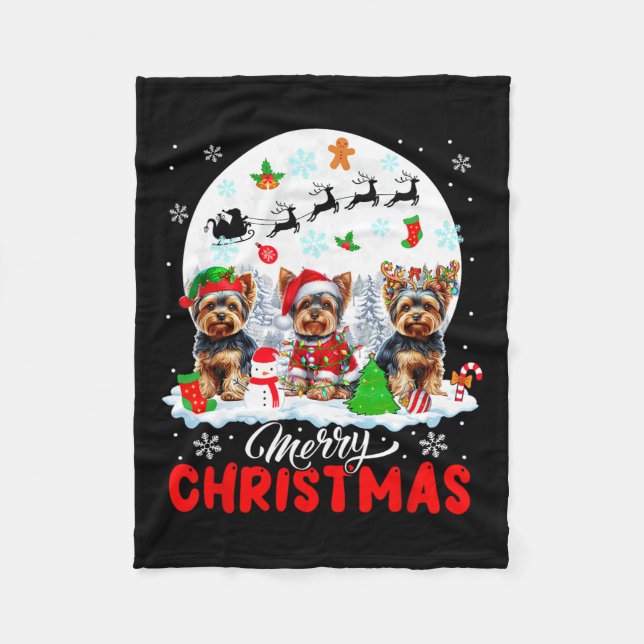 Merry Christmas Three Santa Elf Reindeer Yorkshire Fleece Blanket (Front)