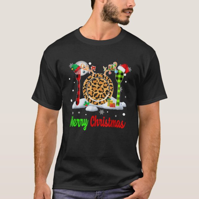 Merry Christmas Three Santa Reindeer Elf Lunch Lad T-Shirt (Front)