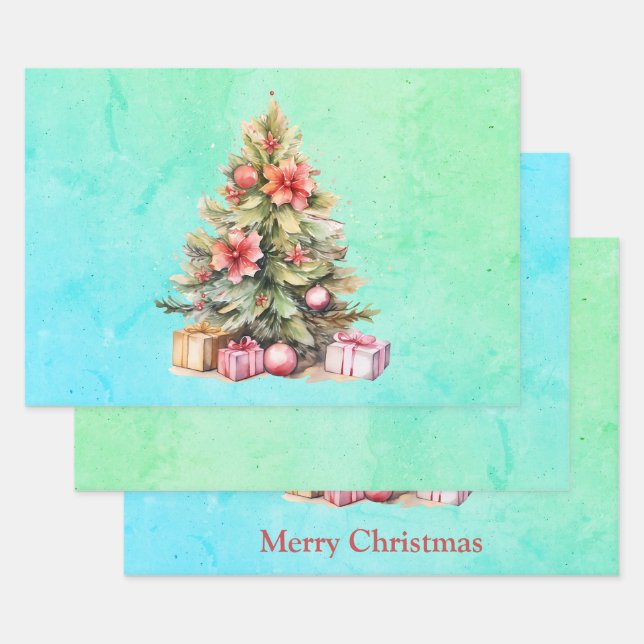 Merry Christmas Three Style Christmas Tree Wrapping Paper Sheet (Set)
